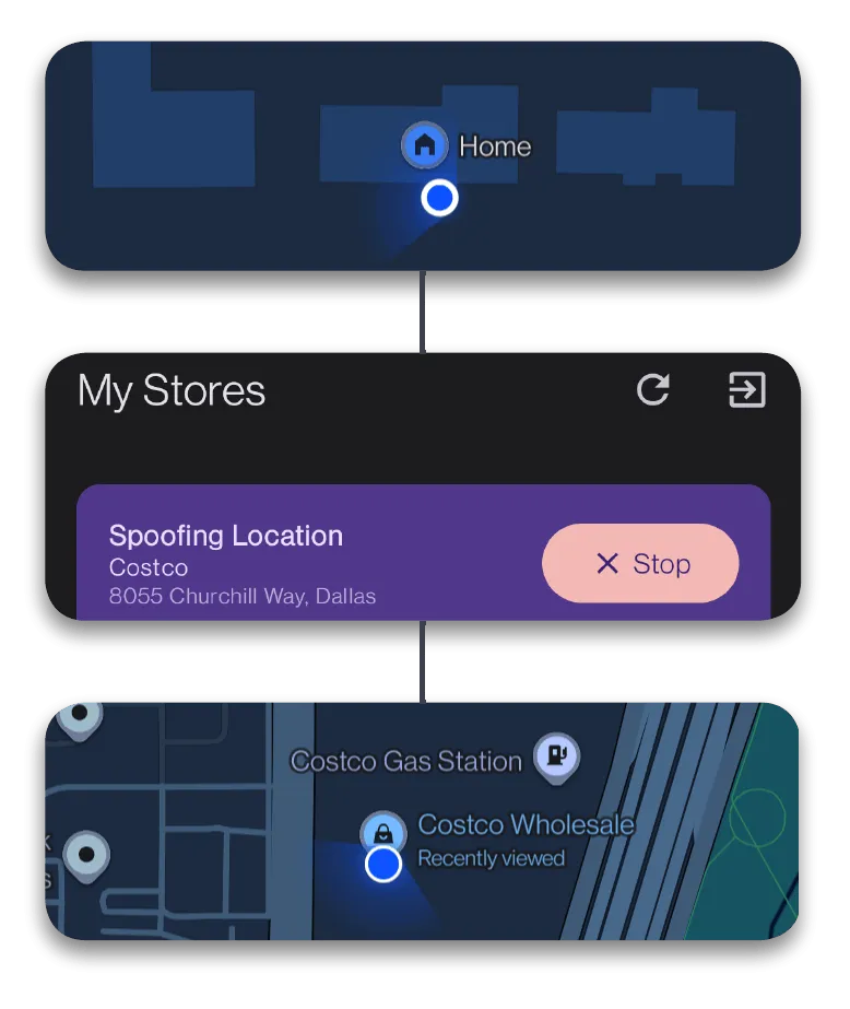 Batch Grabber spoof location feature for Instacart shoppers showing before and after maps